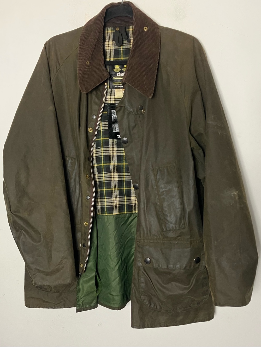 Barbour Vintage Bedale Waxed Jacket Plaid Lining 44 112CM